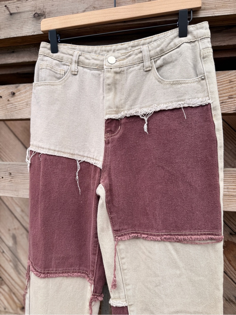 Patchwork Two-Tone Beige and Burgundy Women’s Jeans - Picture 2 of 3